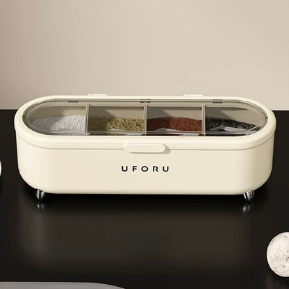 Creamy White Seasoning Storage Box| Food-Grade PP Plastic - 4-Compartment Organizer with Lid and Spoons