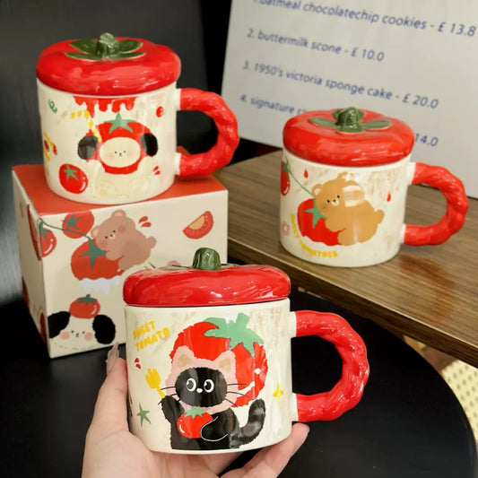 Tomato Lid Ceramic Mug with Cute Animal Design – 350ML
