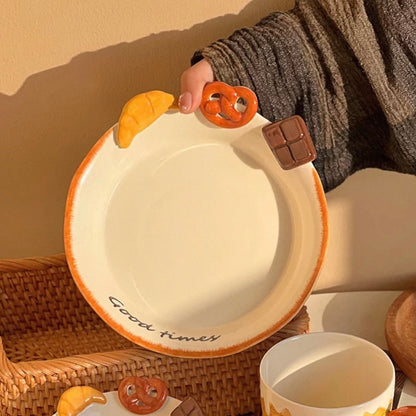 Hand-painted ceramic deep plate with salad showing 3D bread decorations: croissant, pretzel, chocolate, 21CM