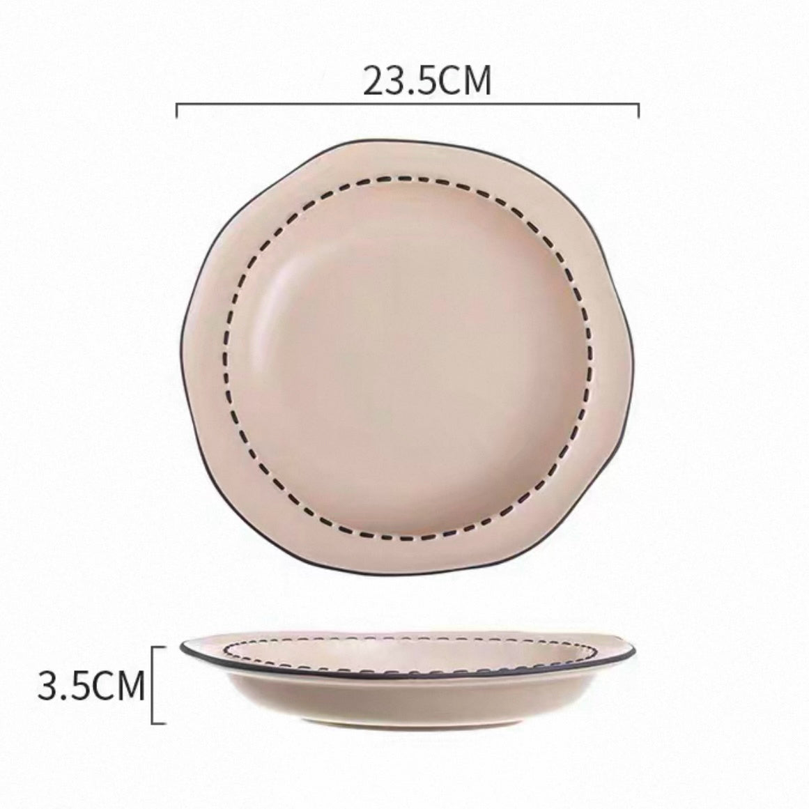 Four macaron color ceramic plates: off-white, yellow, matcha green, pink with manga style black rim