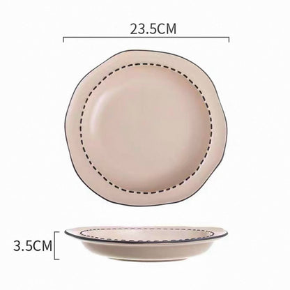 Four macaron color ceramic plates: off-white, yellow, matcha green, pink with manga style black rim