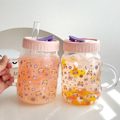 Cute Girl Glass Cup with Straw & Lid - 700ML