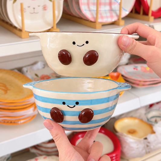 Hand-Painted Cocoa Bean Ceramic Yogurt Bowl with Handles - 480ML