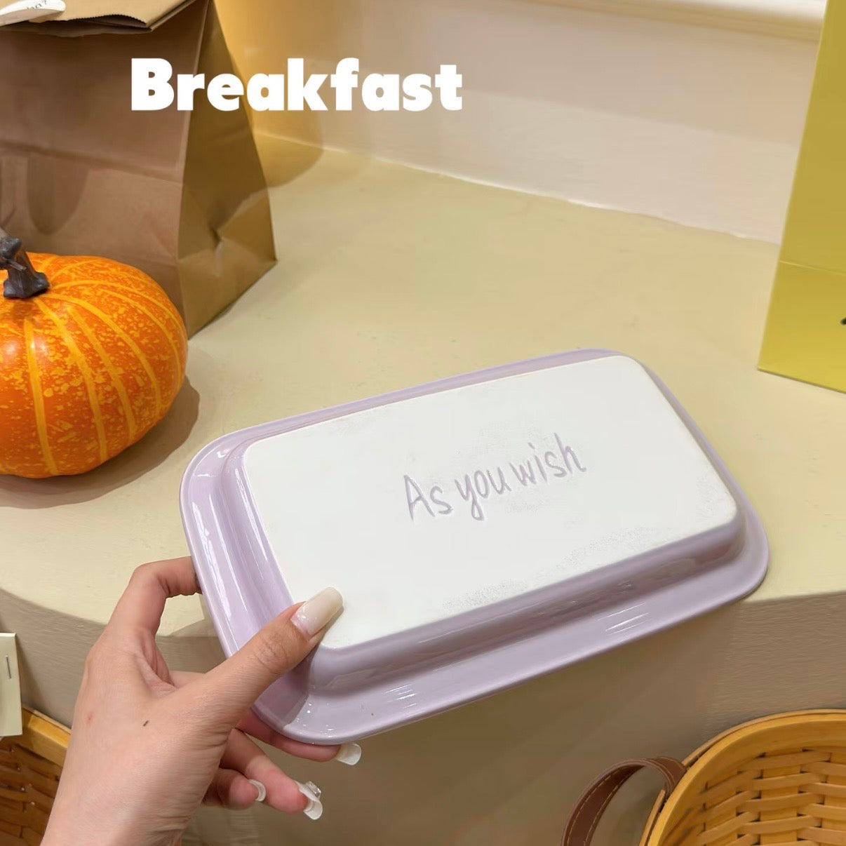 Pastel Colors Ceramic Rectangular Breakfast Plate, 10.5-Inch