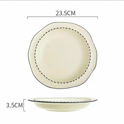 Four macaron color ceramic plates: off-white, yellow, matcha green, pink with manga style black rim