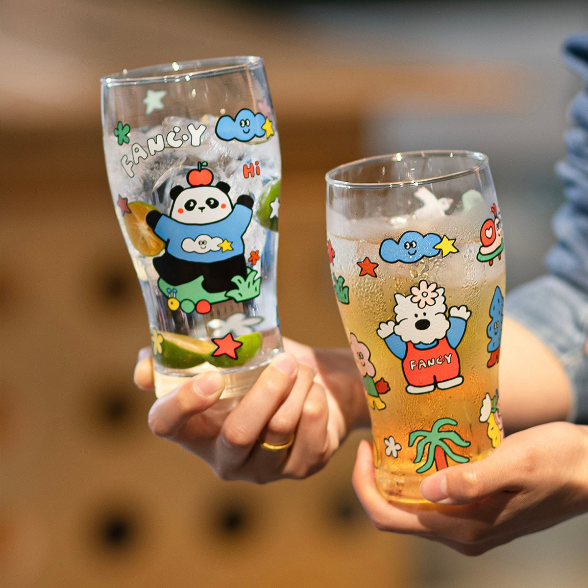 Fancy dog and panda glass beer cups with colorful cartoon design, 600ML capacity