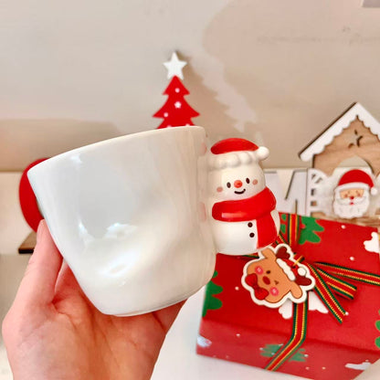 Hand-painted Christmas ceramic mug with 3D snowman on handle and festive gift box, 300ML