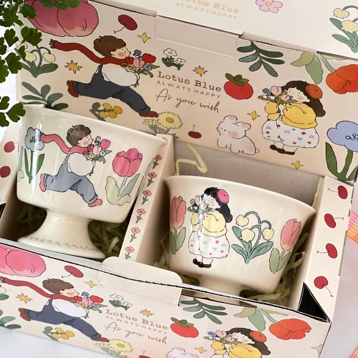 Cute Couple Ceramic Dessert Cups – Gift Box Included