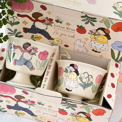 Cute Couple Ceramic Dessert Cups – Gift Box Included