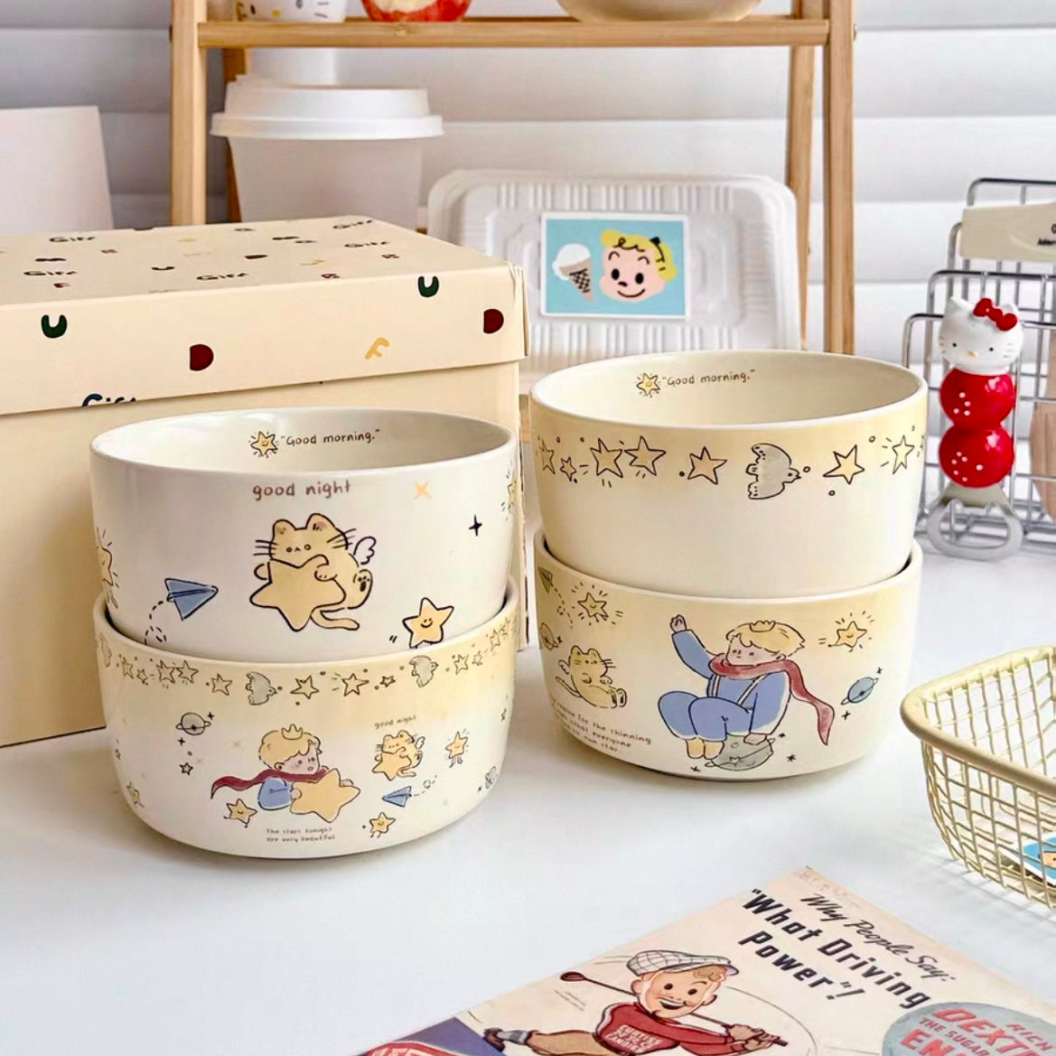 Star prince ceramic bowl set of 4 in cream gift box with alphabet pattern