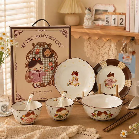 Retro Modern Cat Ceramic Dinnerware Gift Set - Set of 9