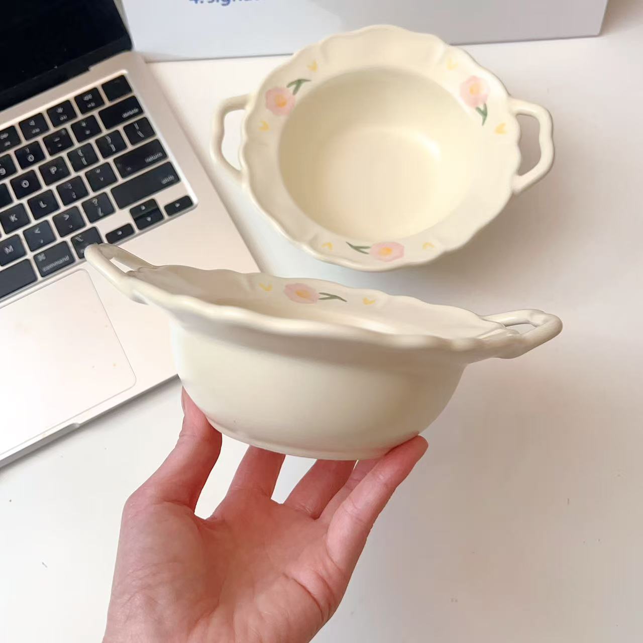 Creamy White Floral Ceramic Bowl with Handles, 250ML