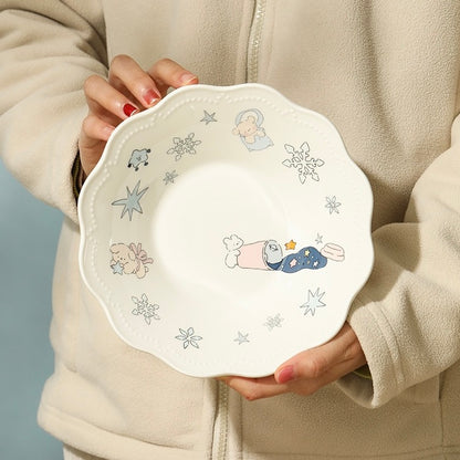 Snowflake Bunny Reinforced White Porcelain Dinnerware Set - Hand-Painted Design, Lightweight & Durable