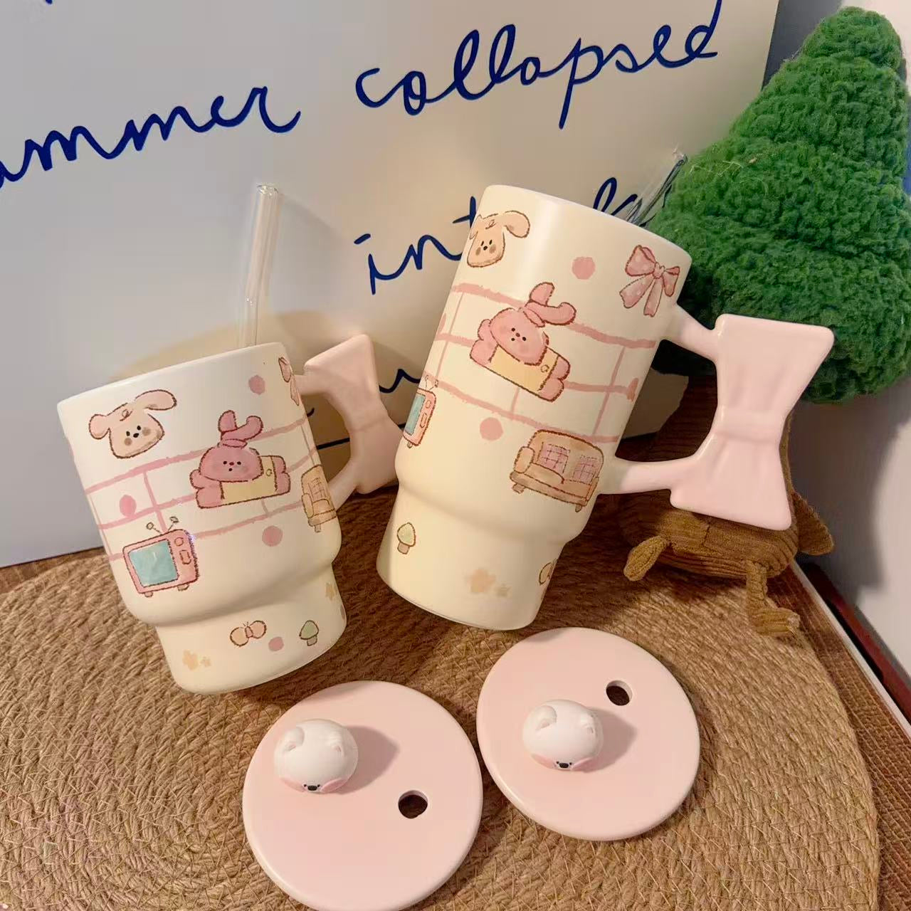 Bow Bunny Ceramic Mug with Straw & Lid - 400ML / 600ML