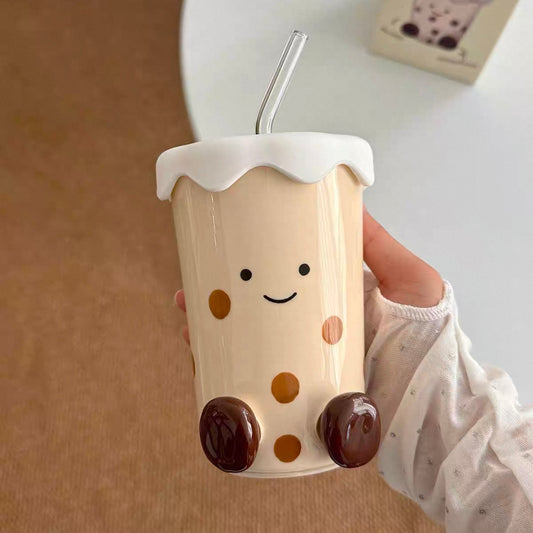 Cute Footed Ceramic Straw Mug with Lid - 450ML