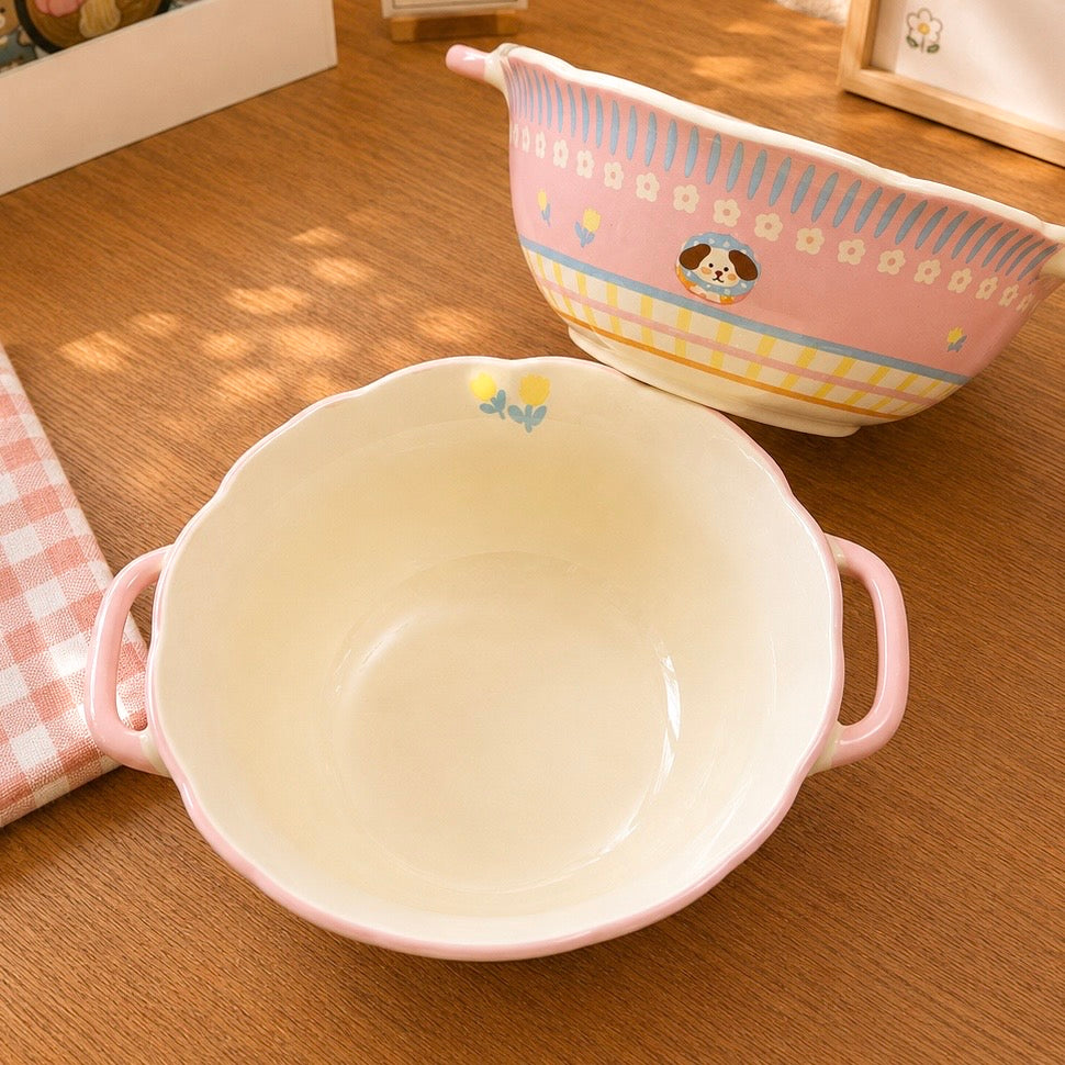 Pink Puppy Ceramic Soup Bowl with Handles – 900ML