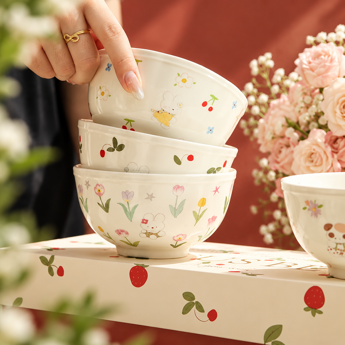 Bunny & Floral Ceramic Bowl Gift Set – 350ML, Set of 5