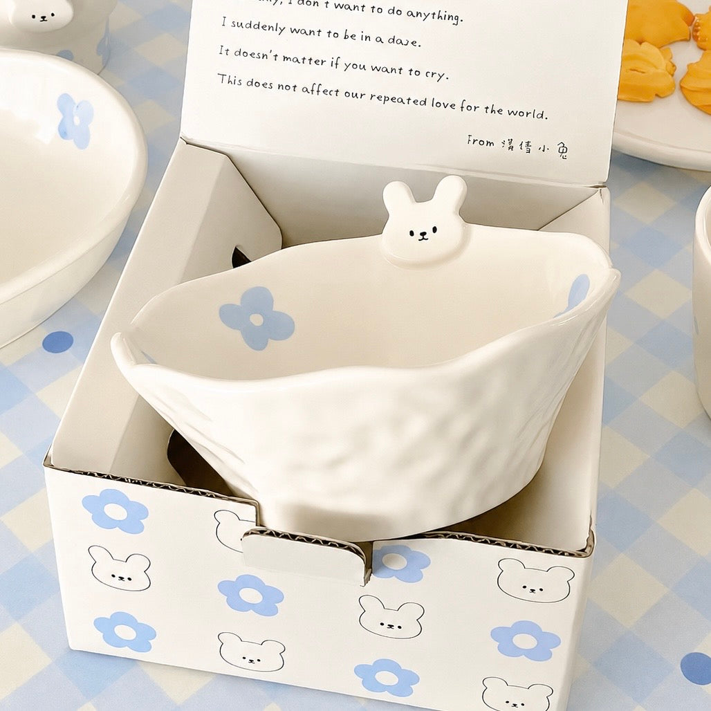 Hand-Painted Flower Bunny Ceramic Yogurt Bowl – 400ML
