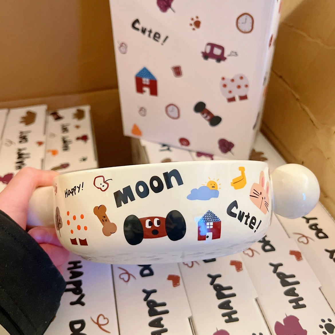 Moon Dog doodle round noodle bowl with cute ball handles and matching gift box