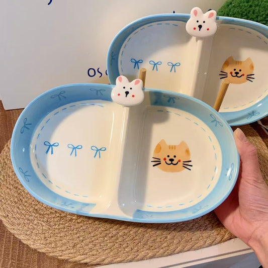 Hand-Painted Bow Bunny Ceramic Divided Plate, 10-Inch