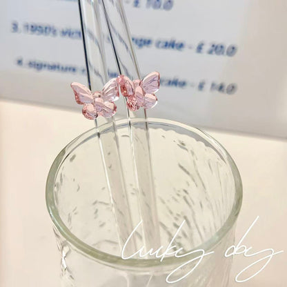 Reusable Pink Butterfly Glass Straw