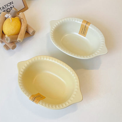 Matte Ceramic Breakfast Plates with Double Handles – Creamy White & Yellow