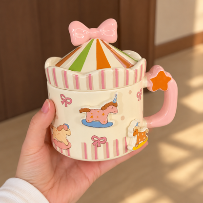 Cute Carousel Ceramic Mug with Lid - 300ML