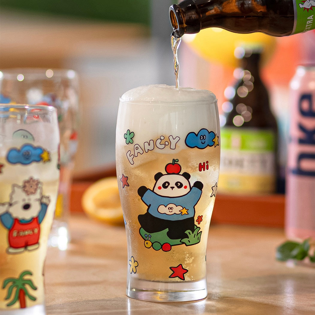 Fancy dog and panda glass beer cups with colorful cartoon design, 600ML capacity