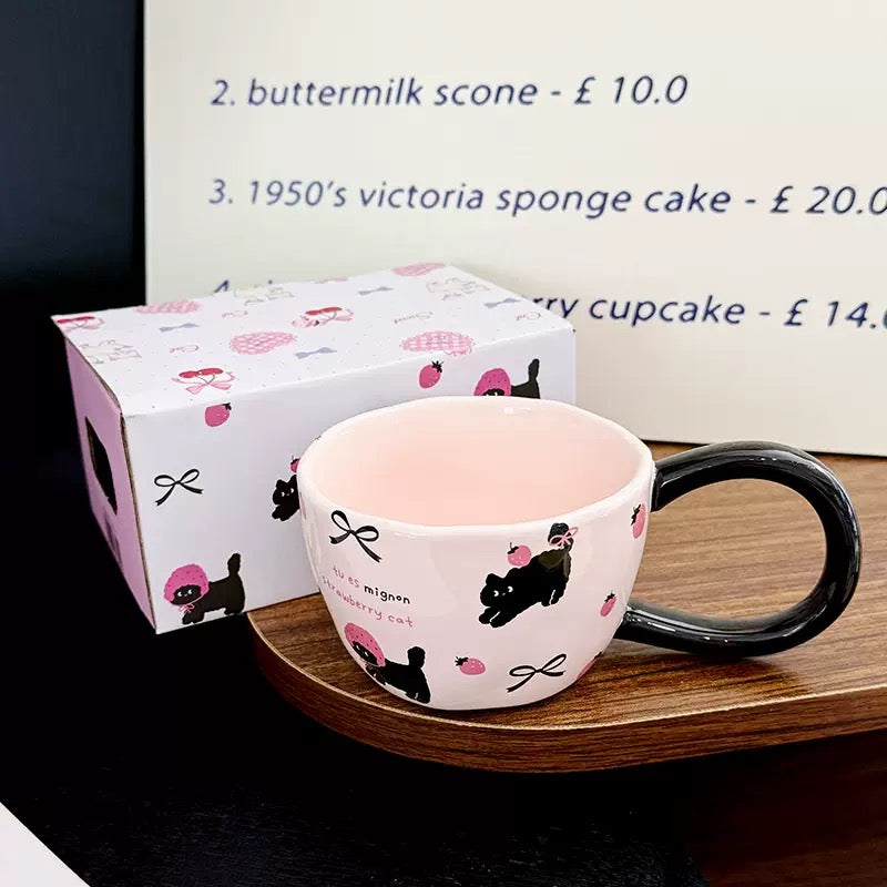 Cute Strawberry Cat Ceramic Mug with Large Handle, 300ML