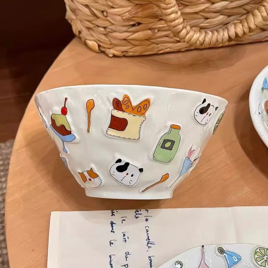 Embossed Doodle Cat Ceramic Ramen Bowl – 1100ML