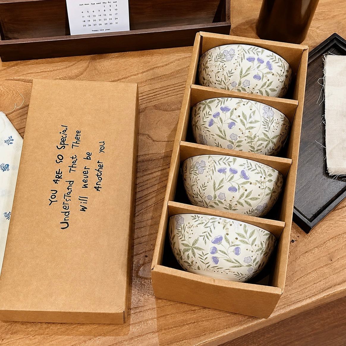 Vintage Floral Ceramic Bowl Gift Set – Set of 4