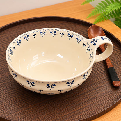 Cottage-Style Blue Floral Ceramic Bowl with Handle - 600ML