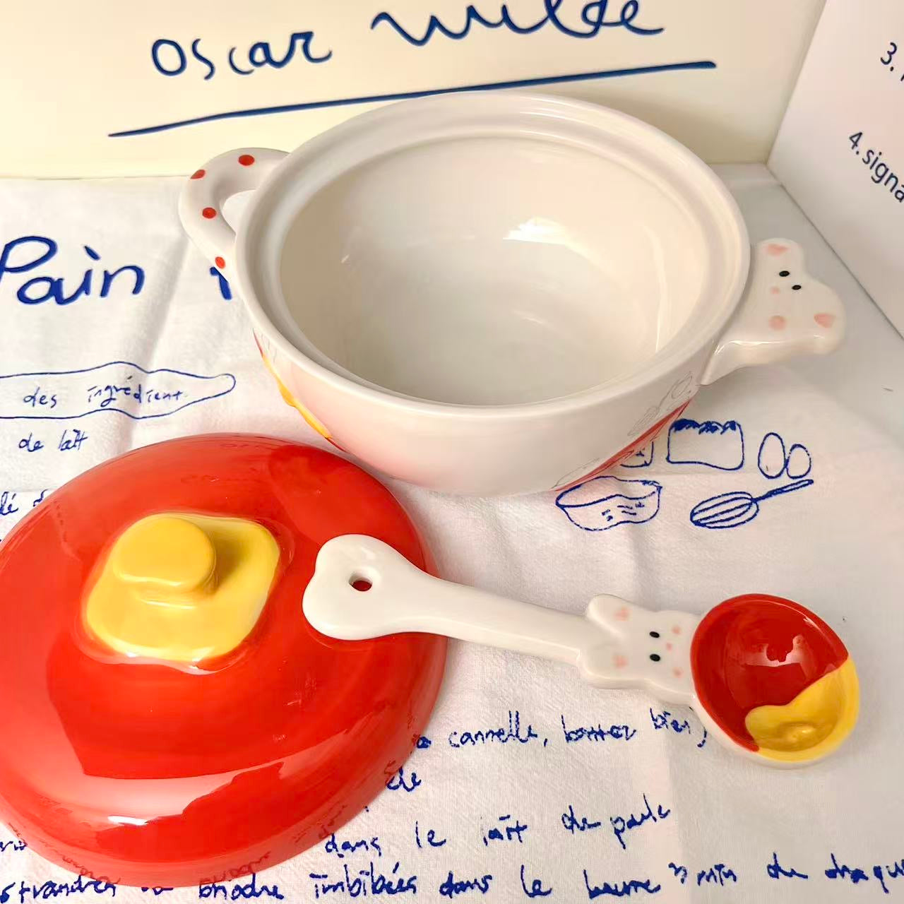 Tomato Bunny Ceramic Ramen Bowl with Lid and Spoon, 500ML