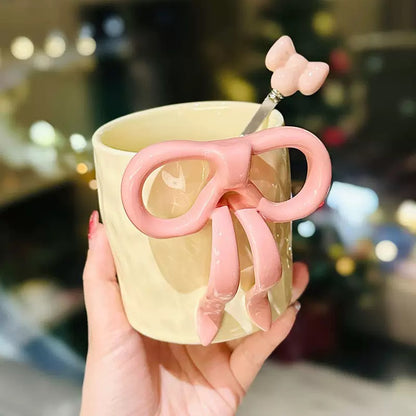Cute Bow Handle Ceramic Mug with Spoon - 300ML