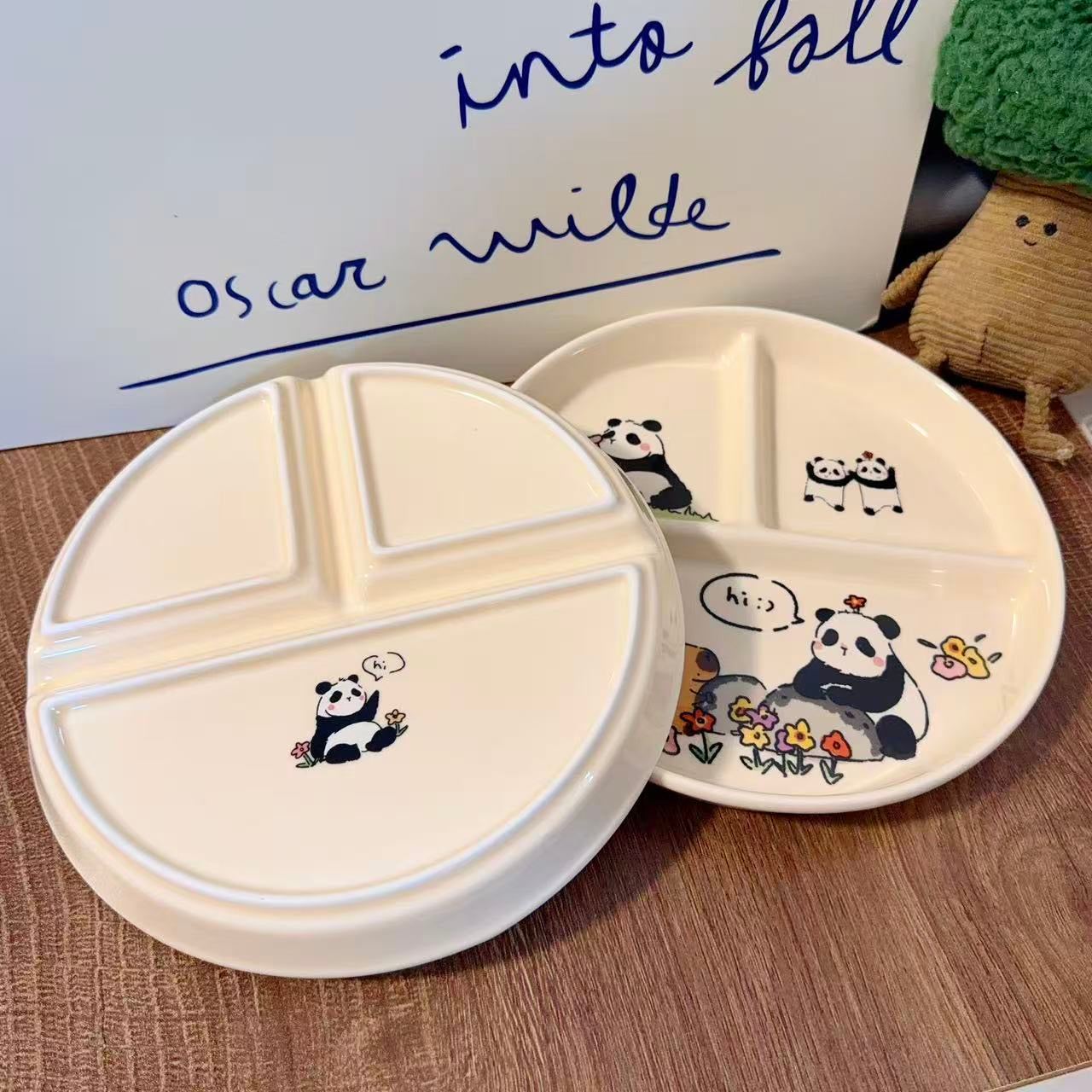 Panda Family Ceramic Divided Breakfast Plate, 8.3-Inch
