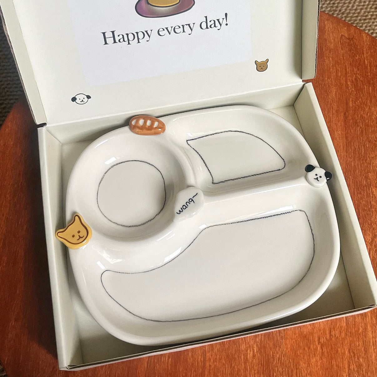 Hand-Painted Button Puppy Ceramic Divided Breakfast Plate, 8-Inch