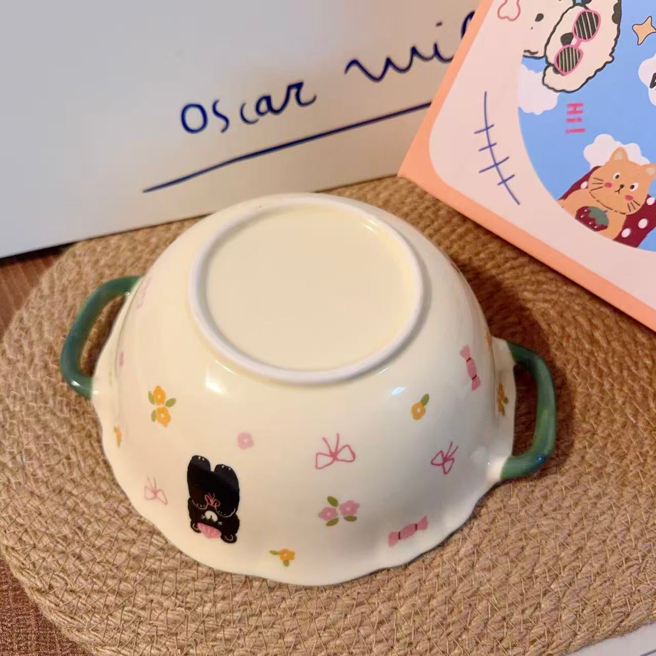 Floral Black Bear Ceramic Soup Bowl with Handles - 900ML