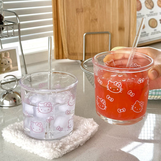 Kitty Short Glass Tumbler with Glass Straw – 400ML