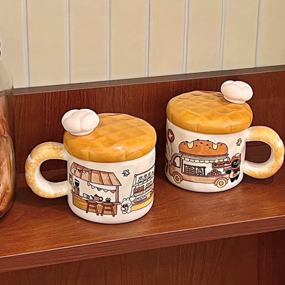 Bread truck cat ceramic mug with bread-shaped lid and gradient handle, 420ML capacity