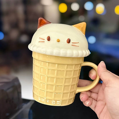 Bunny & Cat Ice Cream Cone Ceramic Mug with Lid, 260ML