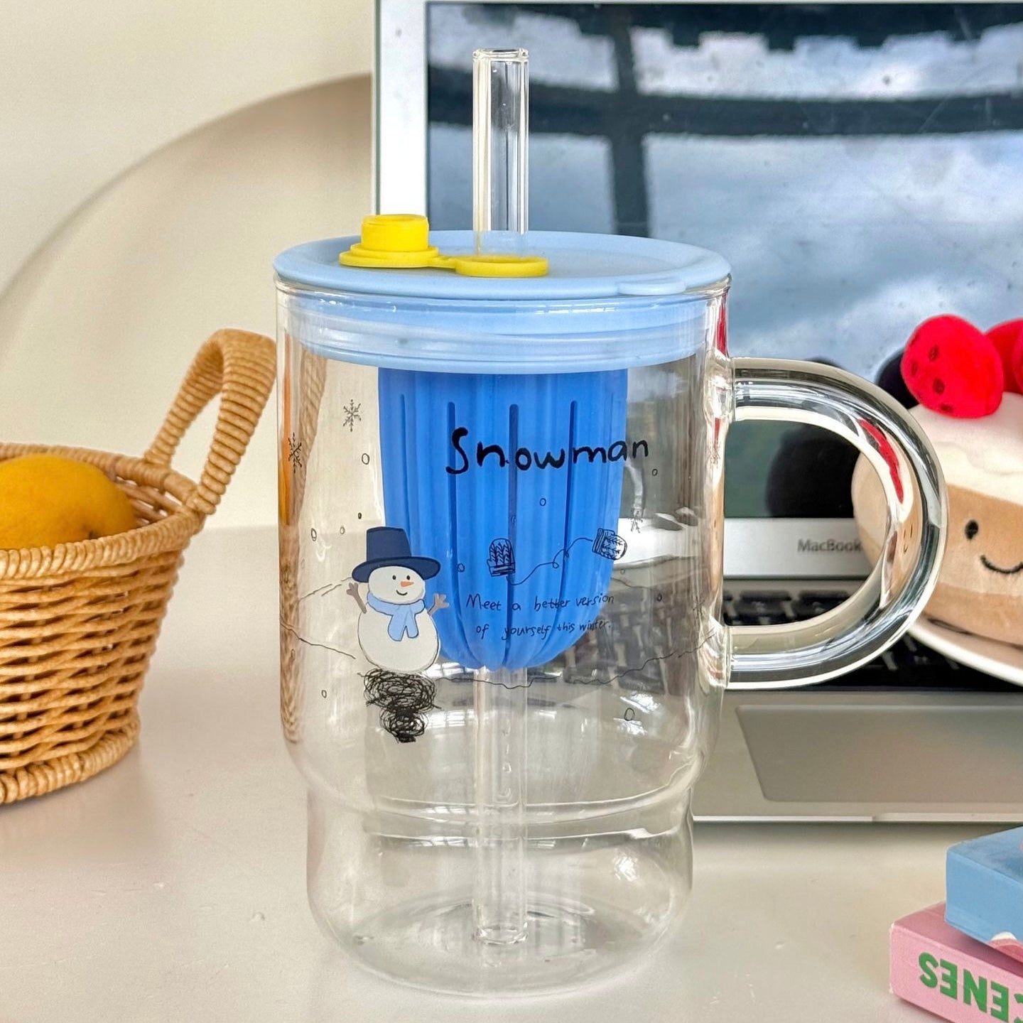 Blue Snowman Glass Cup with Straw & Tea Infuser - 1000ML