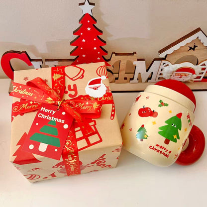 Christmas ceramic mugs with red lids showing Santa and Christmas tree designs, 500ML with gift box