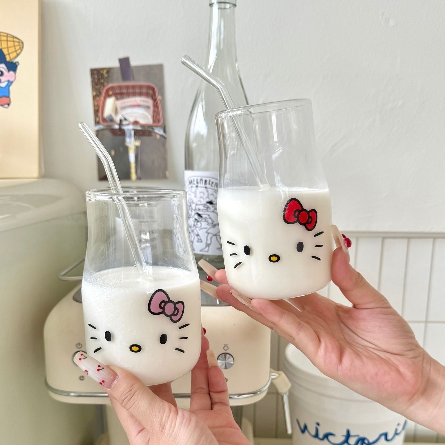 Cute Kitty Glass Pitcher with Straw, 450ML