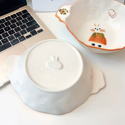 Hand-Painted Rabbit Double-Handle Ceramic Bowl – 750ML
