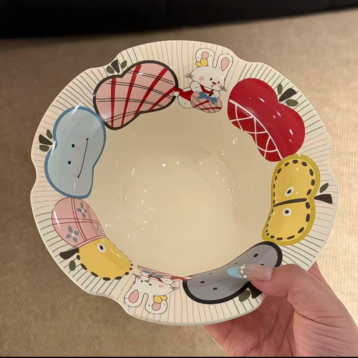 Apple bunny ceramic bowl with scalloped rim showing colorful fruits and bunny design, 500ML