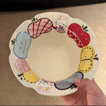 Apple bunny ceramic bowl with scalloped rim showing colorful fruits and bunny design, 500ML