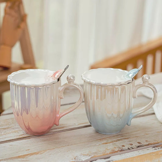 Seashell Pearl Glaze Ceramic Mug with Lid & Spoon - 400ML