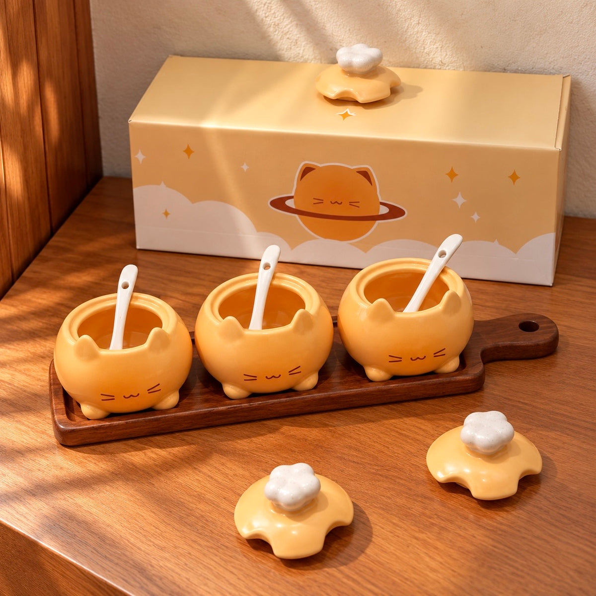 Chef Kitten Ceramic Spice Jar Gift Set with Wooden Tray – Set of 3