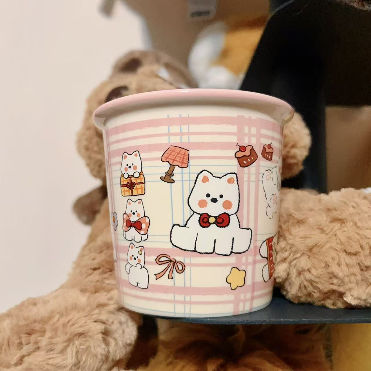 Cute Westie dog ceramic mug with pink plaid background and multiple dog illustrations, 330ML