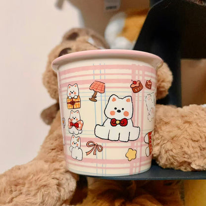 Cute Westie dog ceramic mug with pink plaid background and multiple dog illustrations, 330ML
